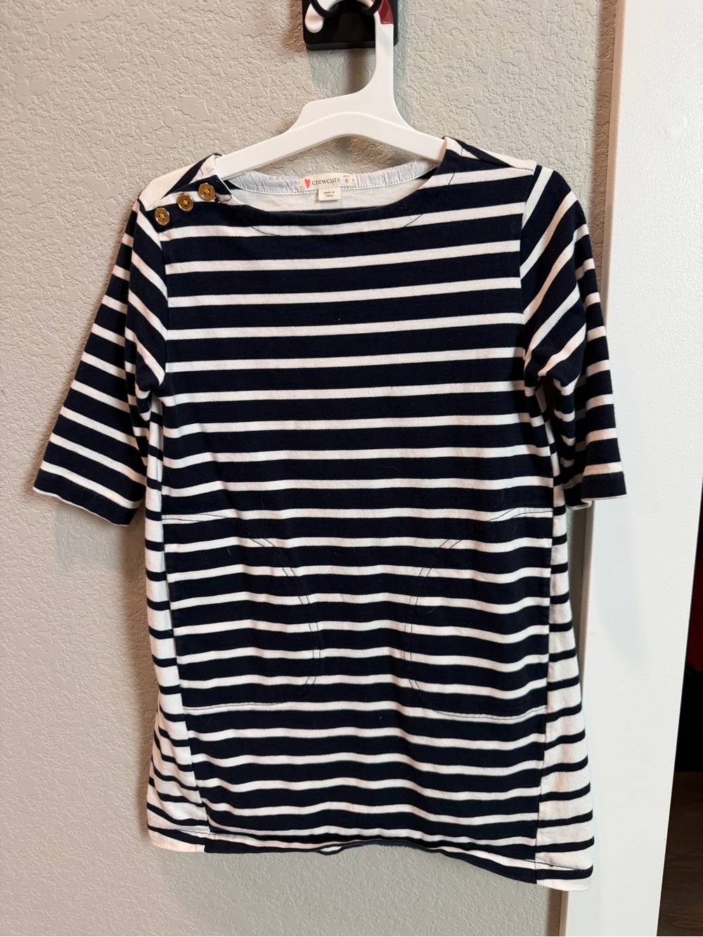 Crewcuts Navy and White Striped Short Sleeve Tee Dress with Shoulder Buttons